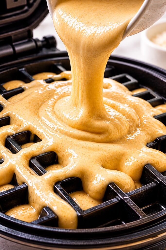 Belgian waffle recipe pouring batter in waffle iron