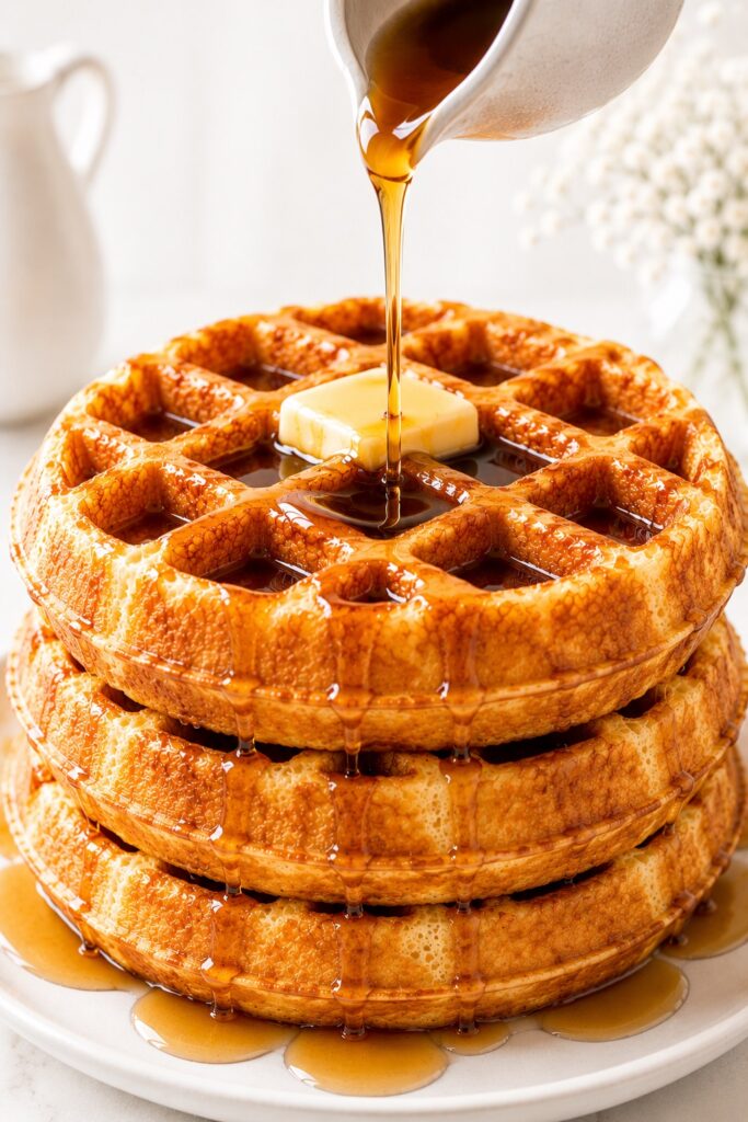 Pouring Syrup on fresh Belgian waffles
