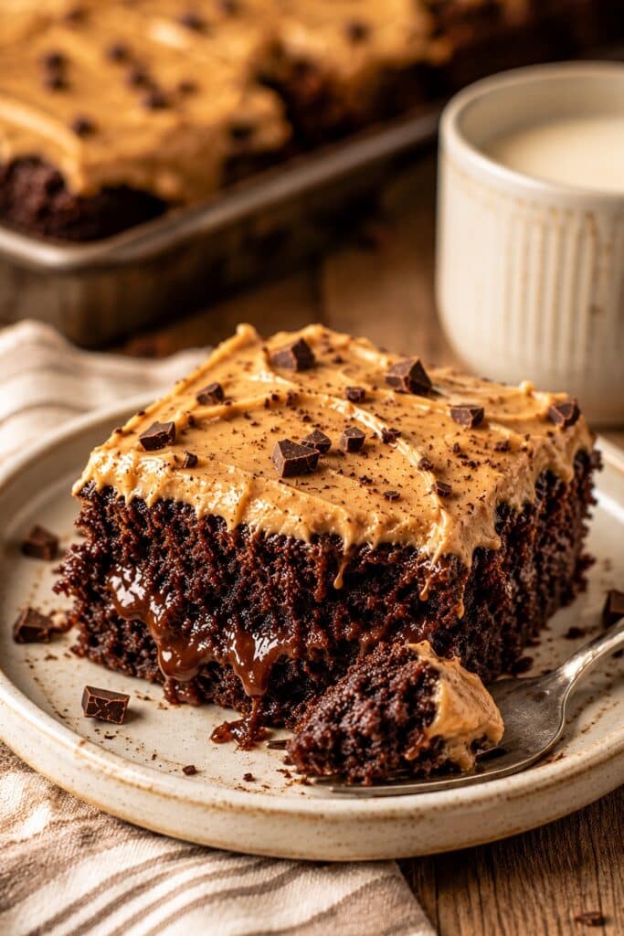 Chocolate Peanut Butter Texas Sheet Cake Serving