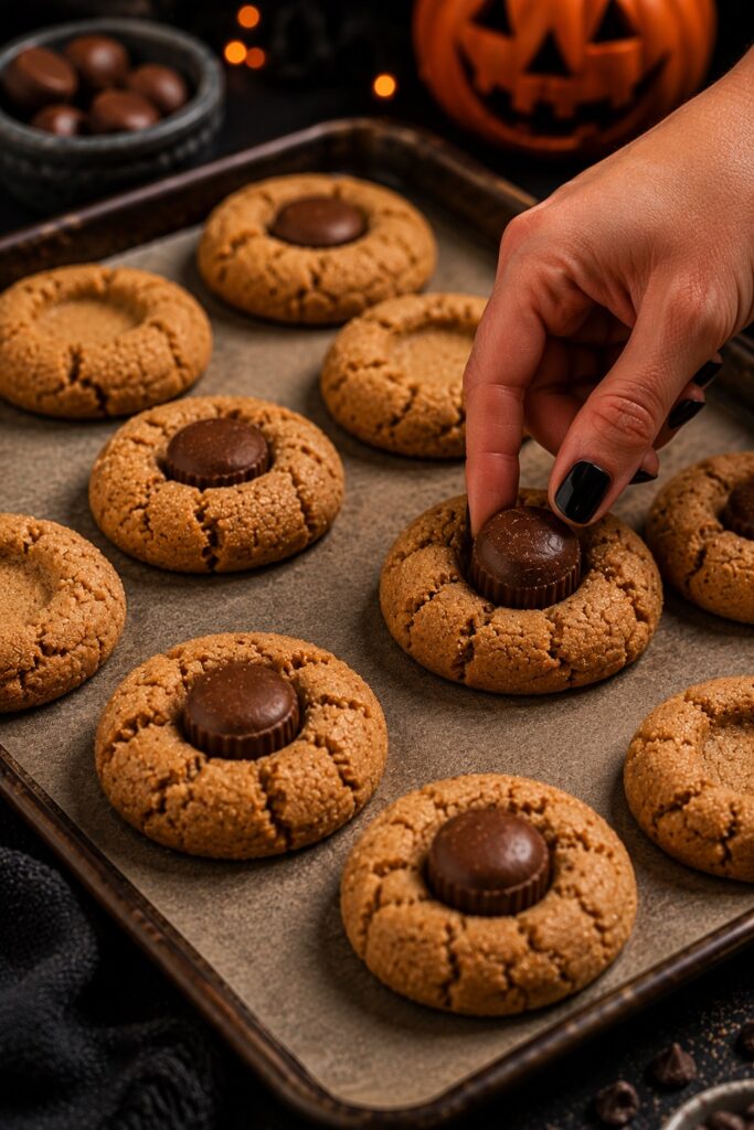 pressing chocolate on cookies forming the spider bodies