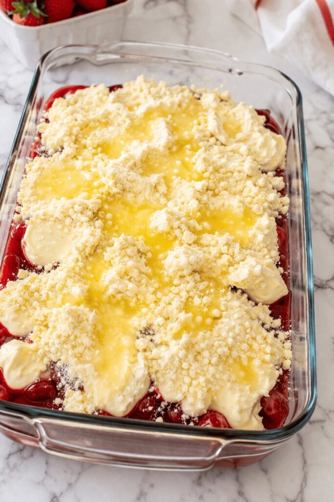 Strawberry Cheesecake Dump Cake Layering