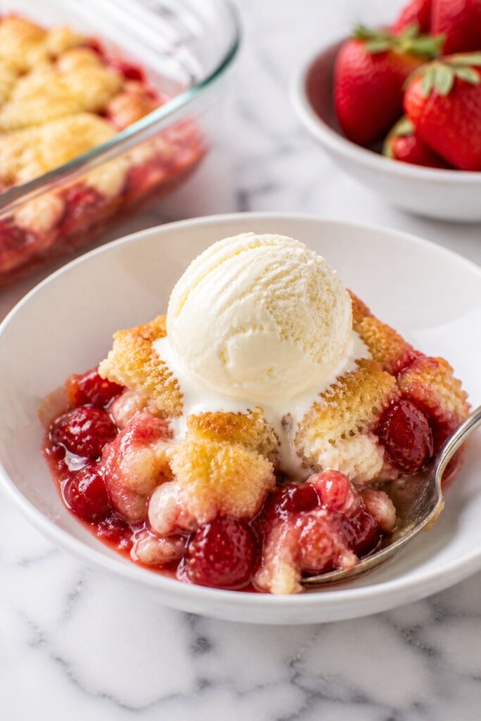 Strawberry Cheesecake Dump Cake Serving with Ice Cream