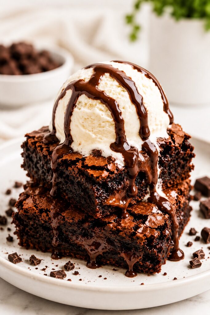 sweet potato brownies serving with vanilla ice cream