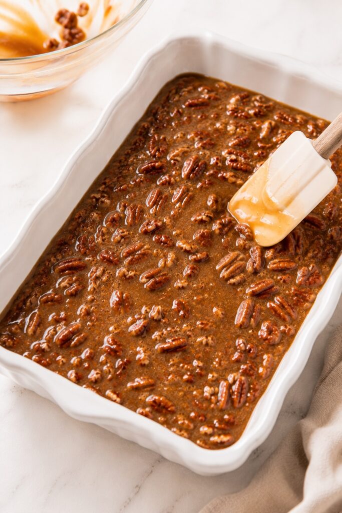 Pecan Pie Dump Cake Filling In Baking Dish