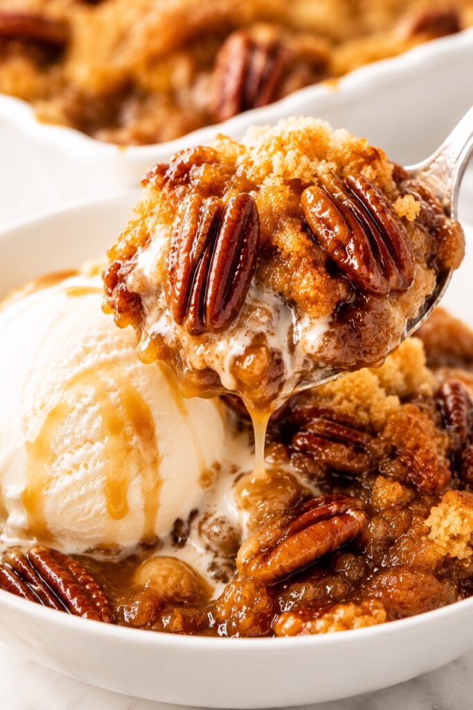 Pecan Pie Dump Cake Served with Vanilla Ice Cream
