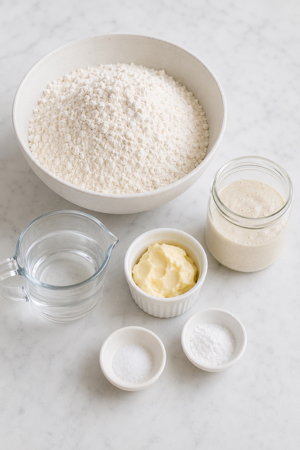 Flour, sourdough discard, softened butter, warm water, salt, and baking powder measured for sourdough discard tortillas.