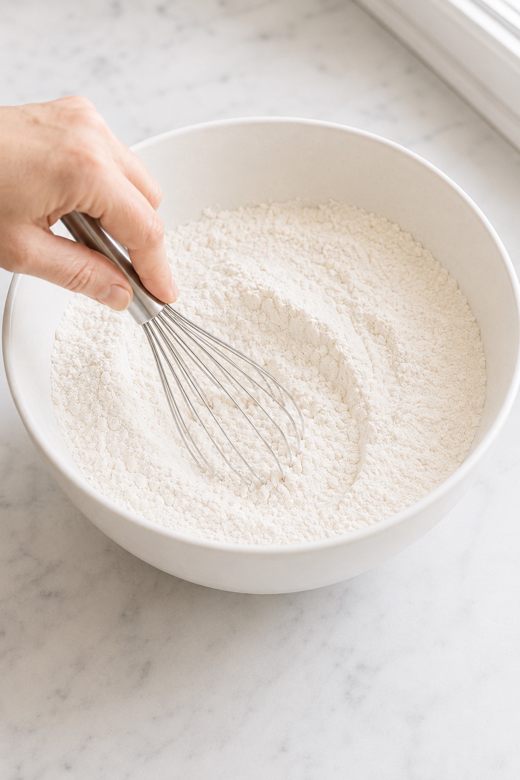 A hand whisking flour, salt, and baking powder together in a white mixing bowl.