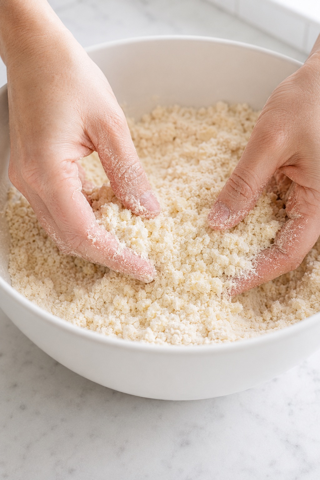 Hands rubbing softened butter into the flour mixture until it resembles coarse damp sand.