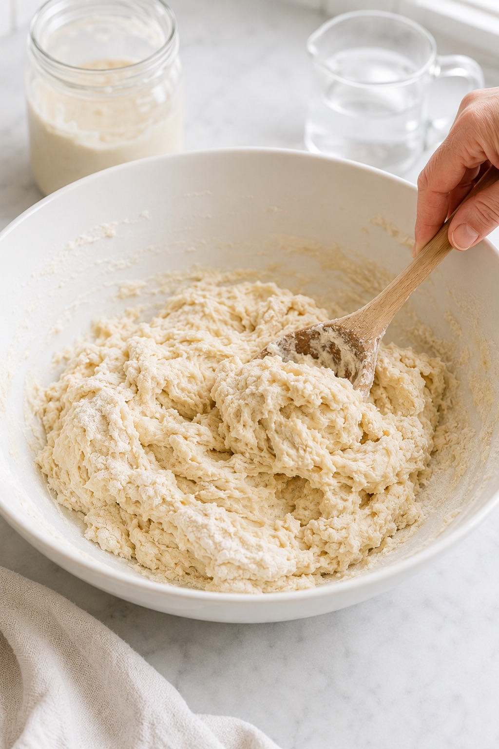 Sourdough discard and warm water stirred into the flour mixture to form a rough shaggy dough.