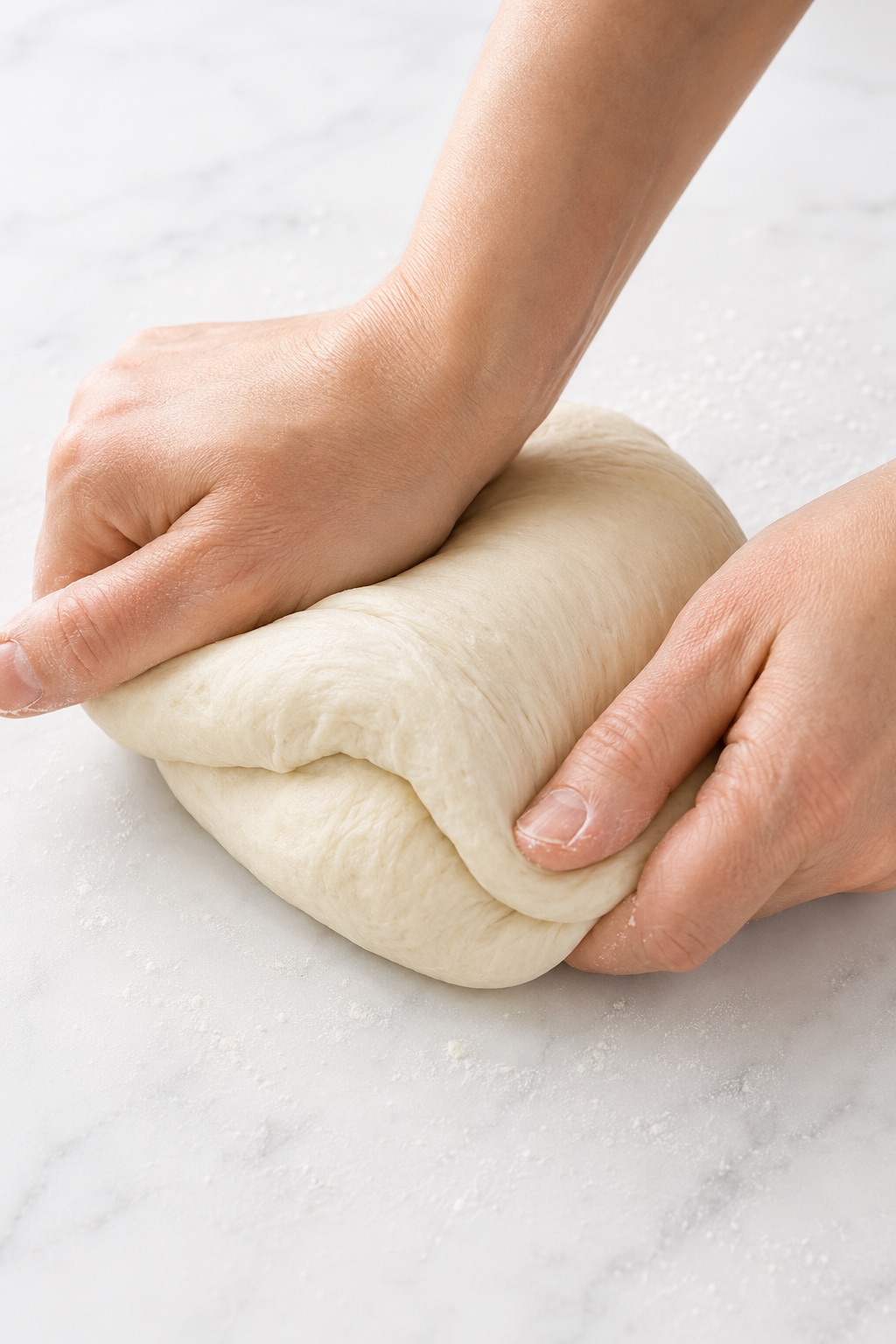 Hands kneading sourdough discard tortilla dough on a lightly floured marble surface.