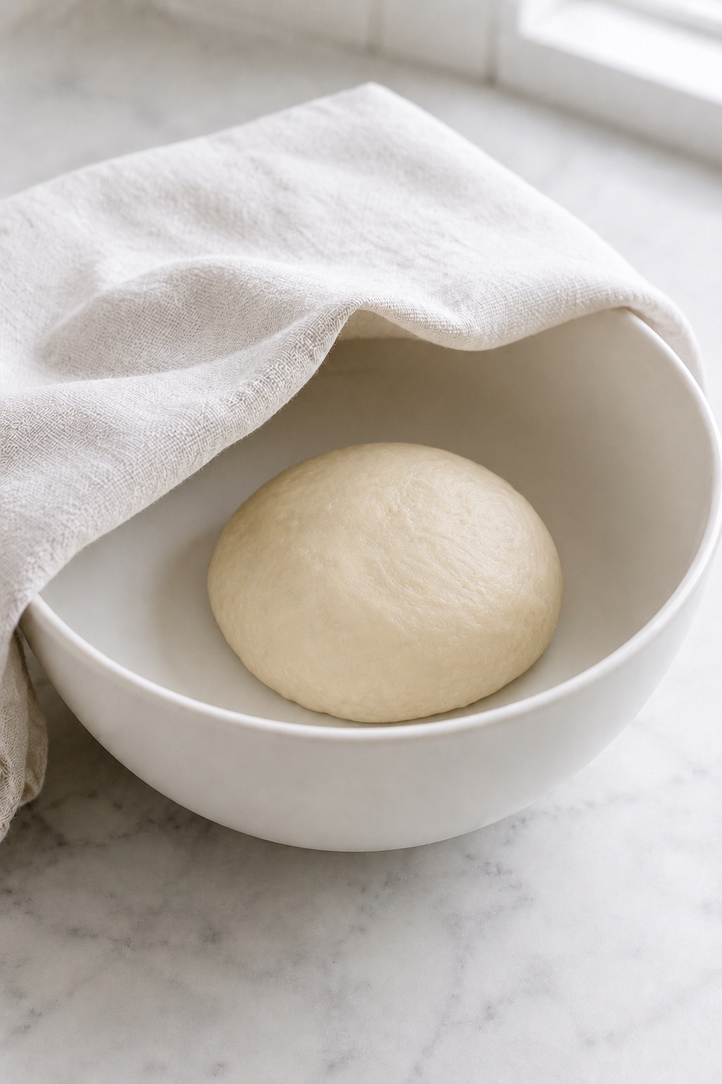 A compact ball of sourdough discard tortilla dough resting under a clean kitchen towel in a white bowl.