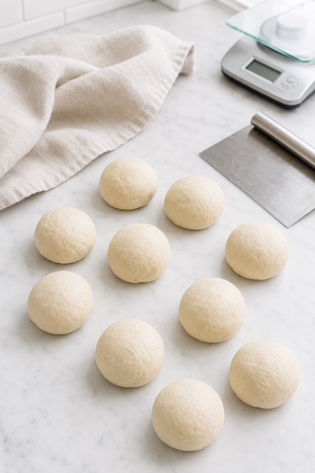 Ten equal balls of sourdough discard tortilla dough arranged beside a bench scraper and kitchen scale.