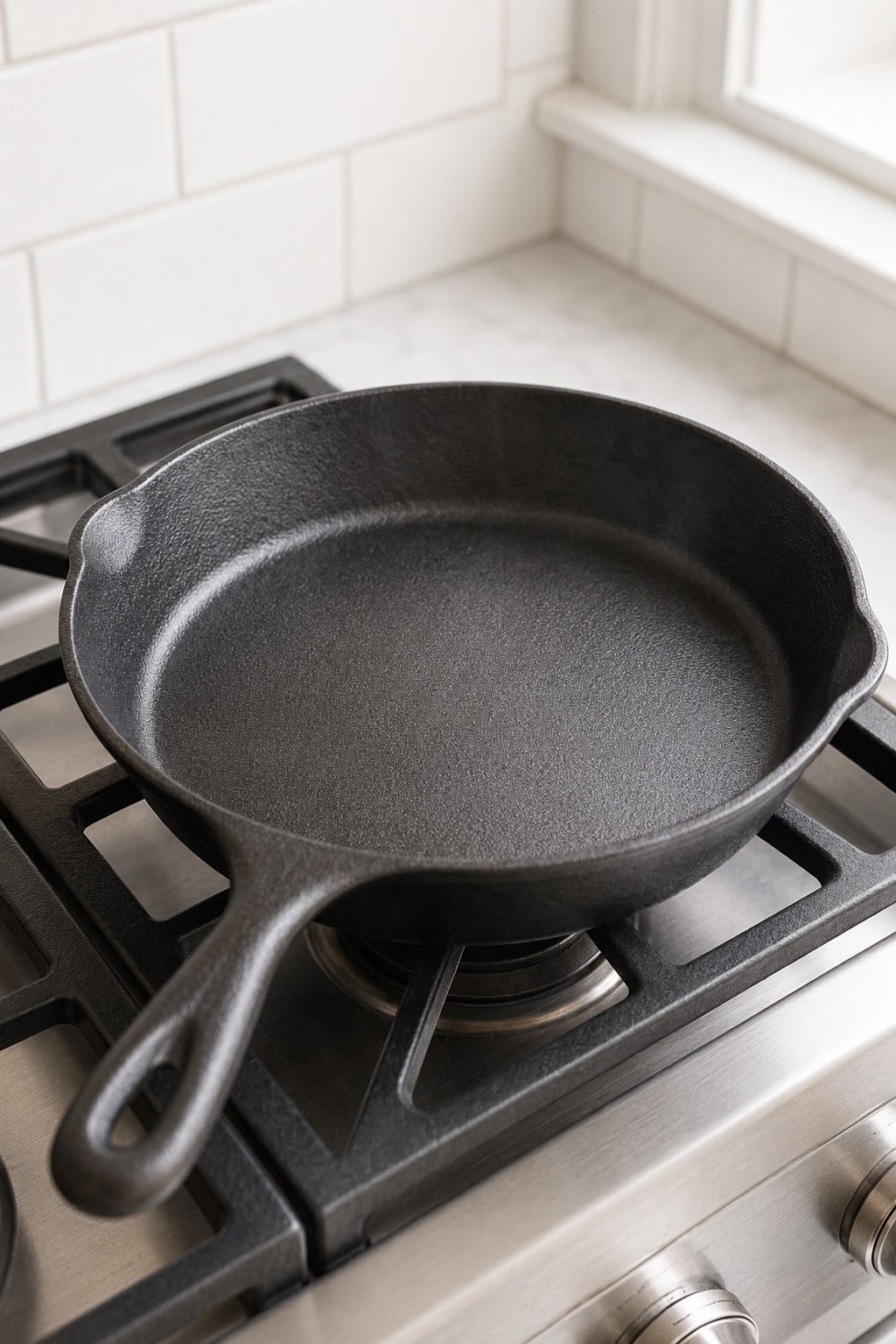 A dry cast-iron skillet preheating over medium-high heat for homemade tortillas.