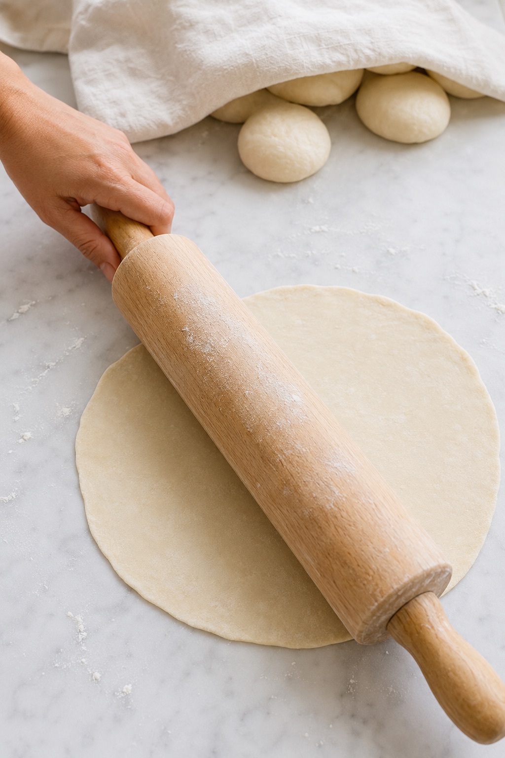 A dough ball rolled into a thin seven-inch tortilla on a lightly floured marble surface.