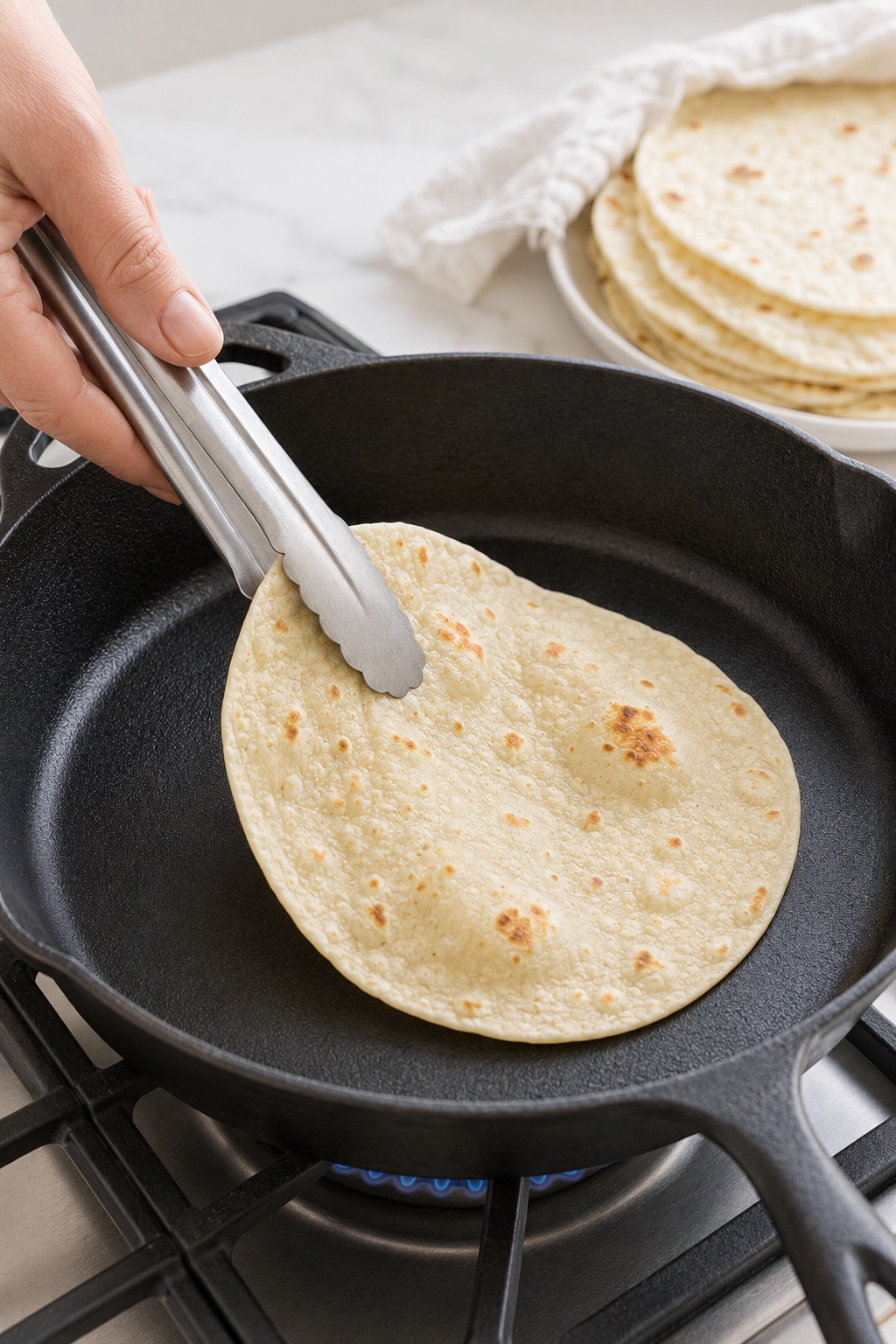 A hand flipping a lightly spotted sourdough discard tortilla with tongs in a dry cast-iron skillet over a gas burner.
