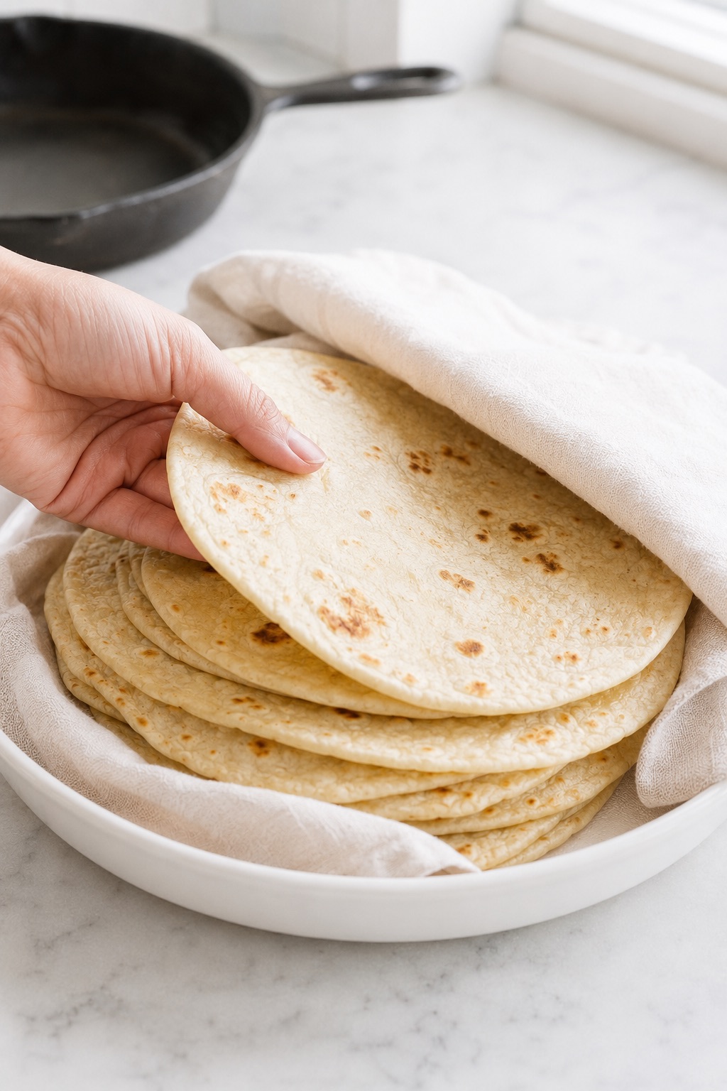 A freshly cooked tortilla added to a warm stack beneath a clean kitchen towel.