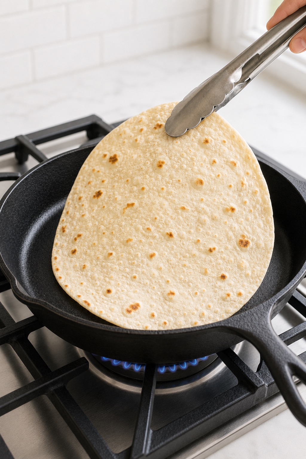 A cooked sourdough discard tortilla lifted from a dry cast-iron skillet over a gas burner, showing a pale flexible center and scattered golden-brown spots.