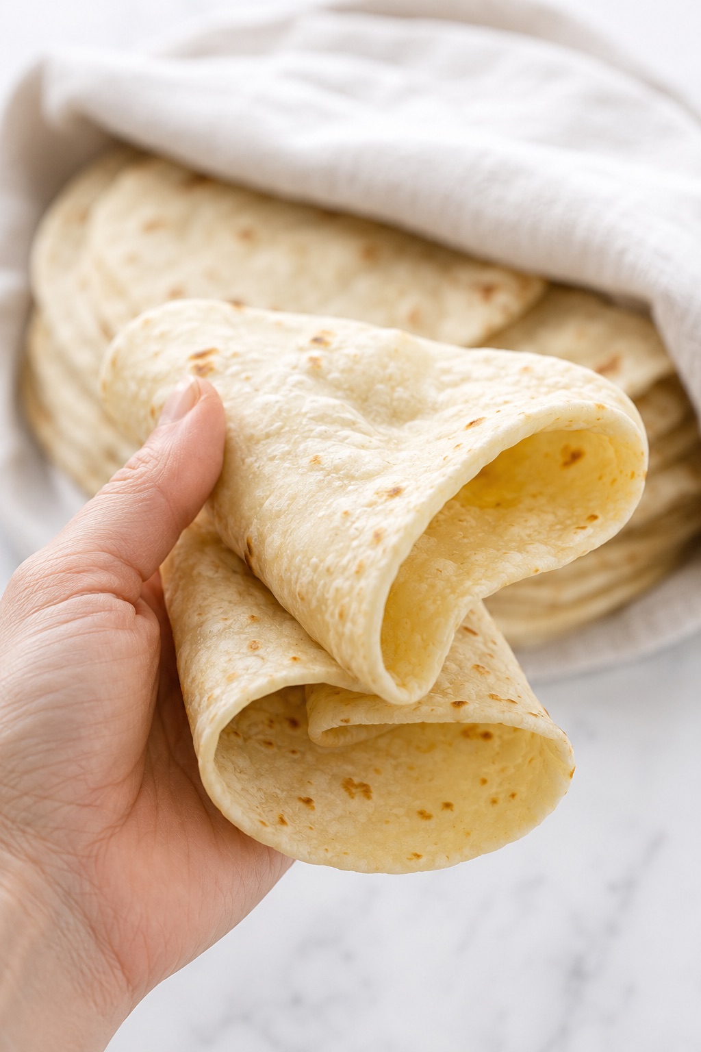 Warm sourdough discard tortillas folded deeply over a hand without cracking to show their soft flexible texture.