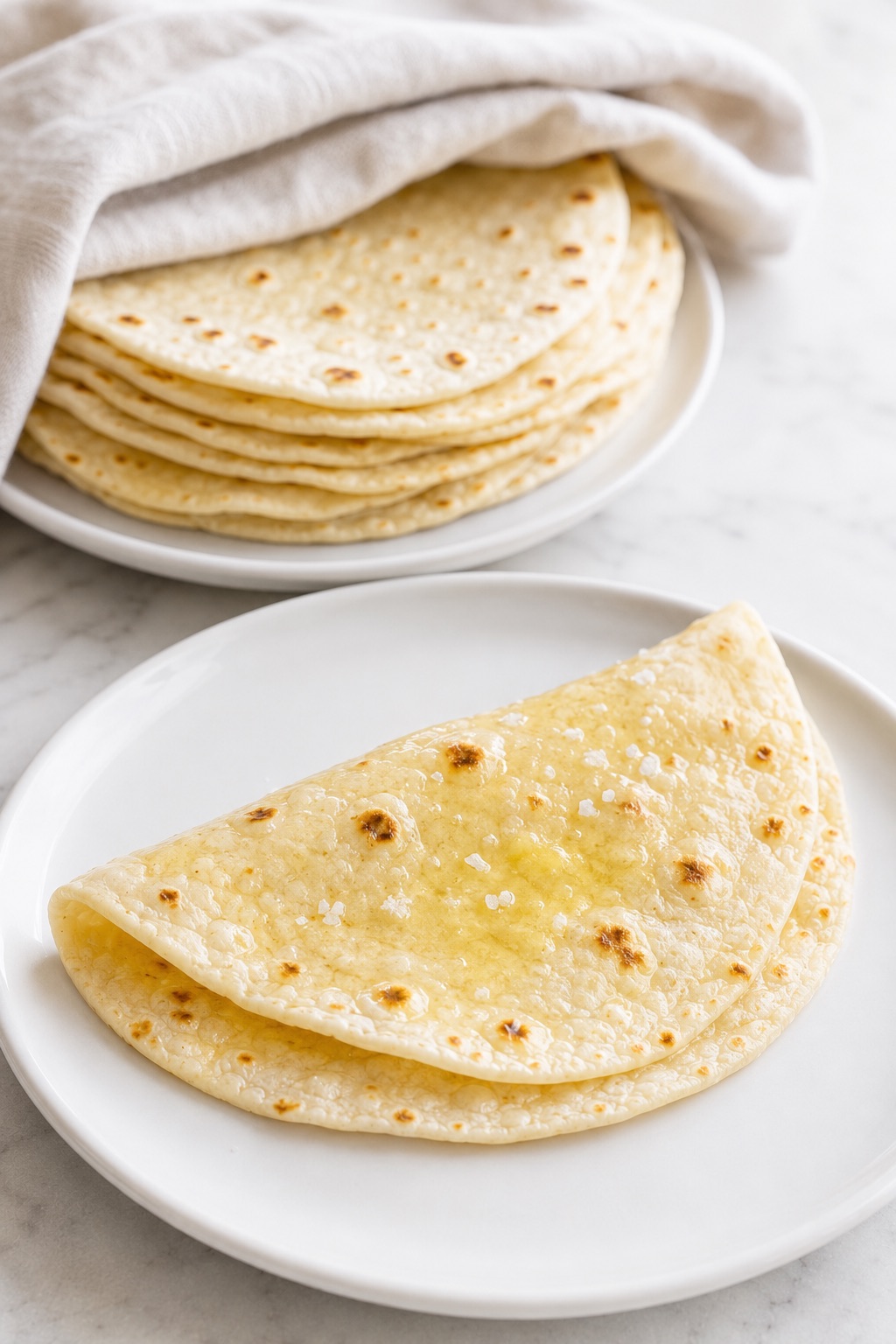 A warm folded sourdough discard tortilla brushed lightly with butter and sprinkled with flaky sea salt.