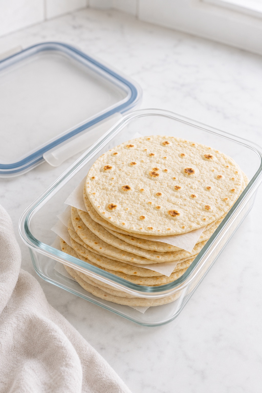Cooled sourdough discard tortillas separated with parchment and stored in an airtight glass container.