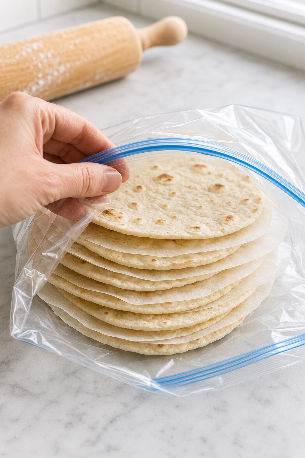 A stack of sourdough discard tortillas separated with parchment and placed in a freezer-safe bag.