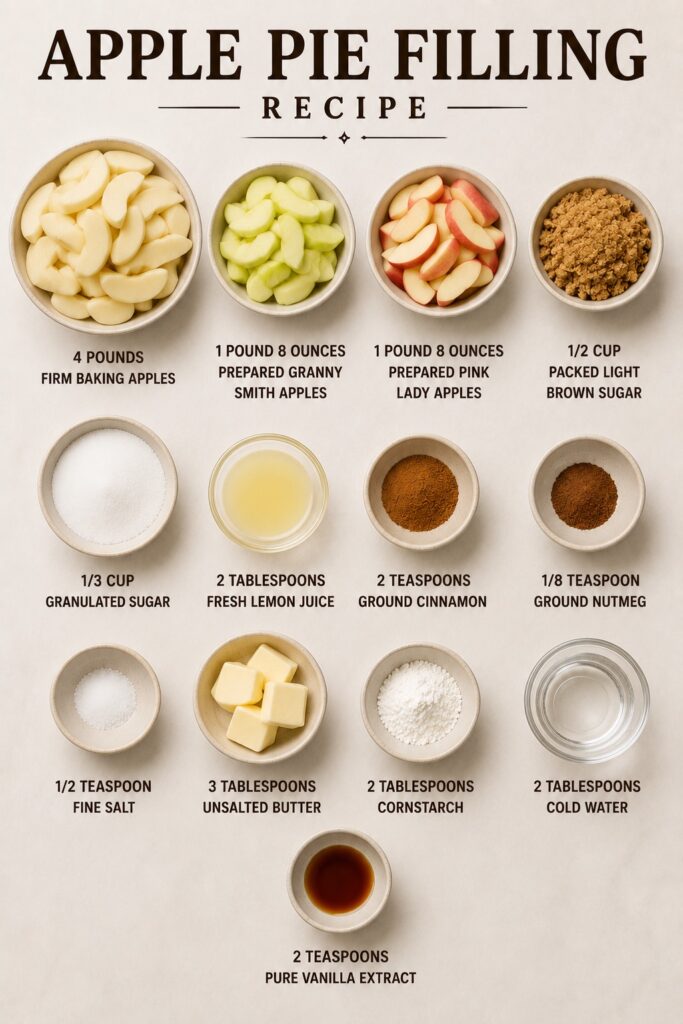 Apple pie filling ingredient chart with Granny Smith and Pink Lady apples, sugars, lemon juice, spices, butter, cornstarch, water, and vanilla.