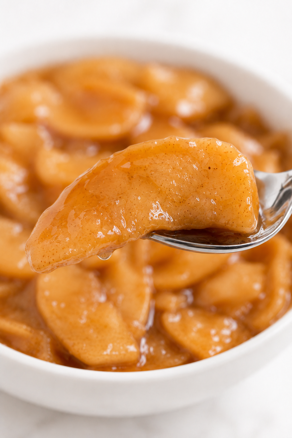 A chilled apple slice bending slightly over a spoon while remaining intact in the thick glossy sauce.