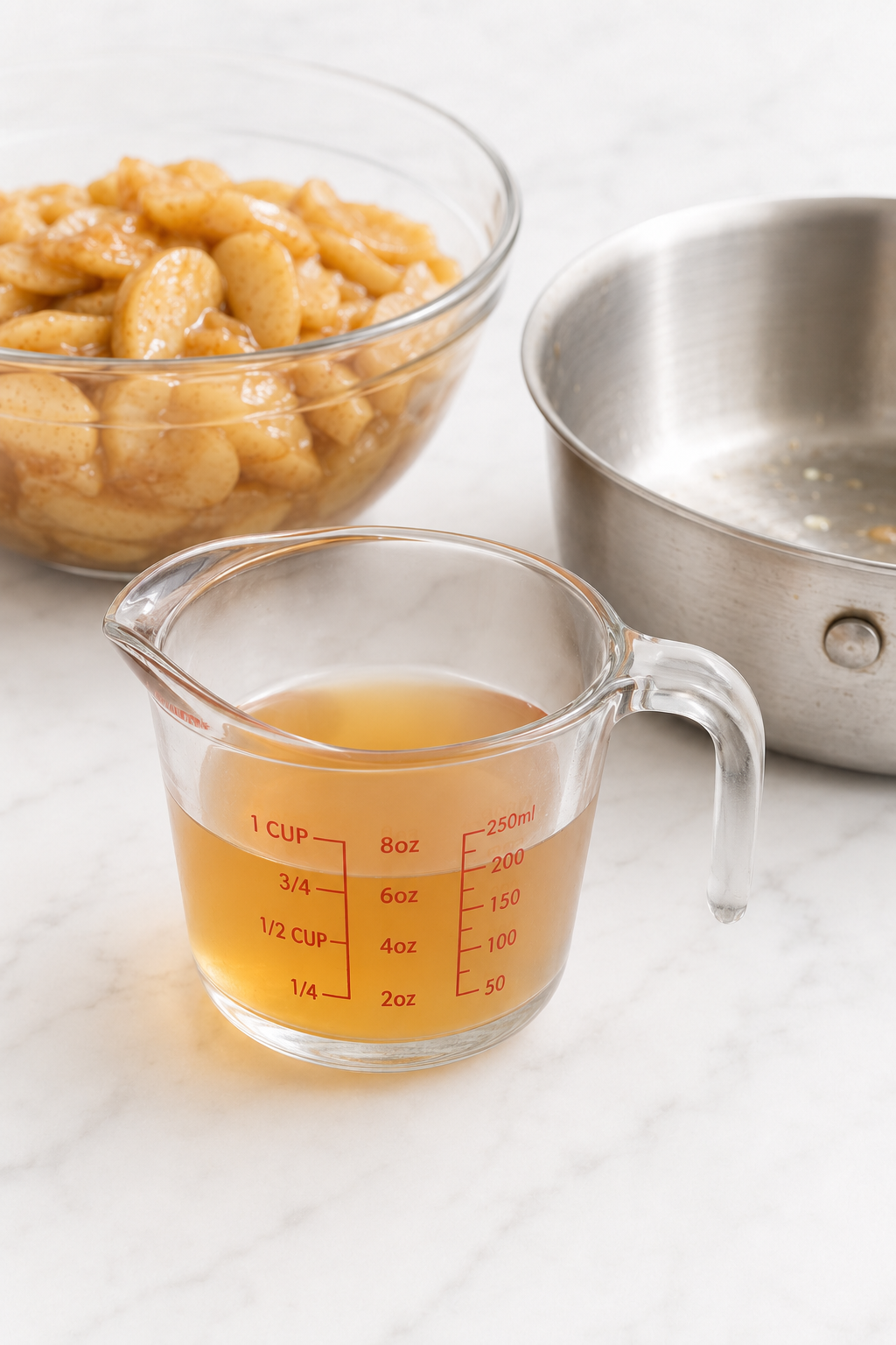 Partially cooked apple slices separated from exactly 3/4 cup of measured amber apple liquid.