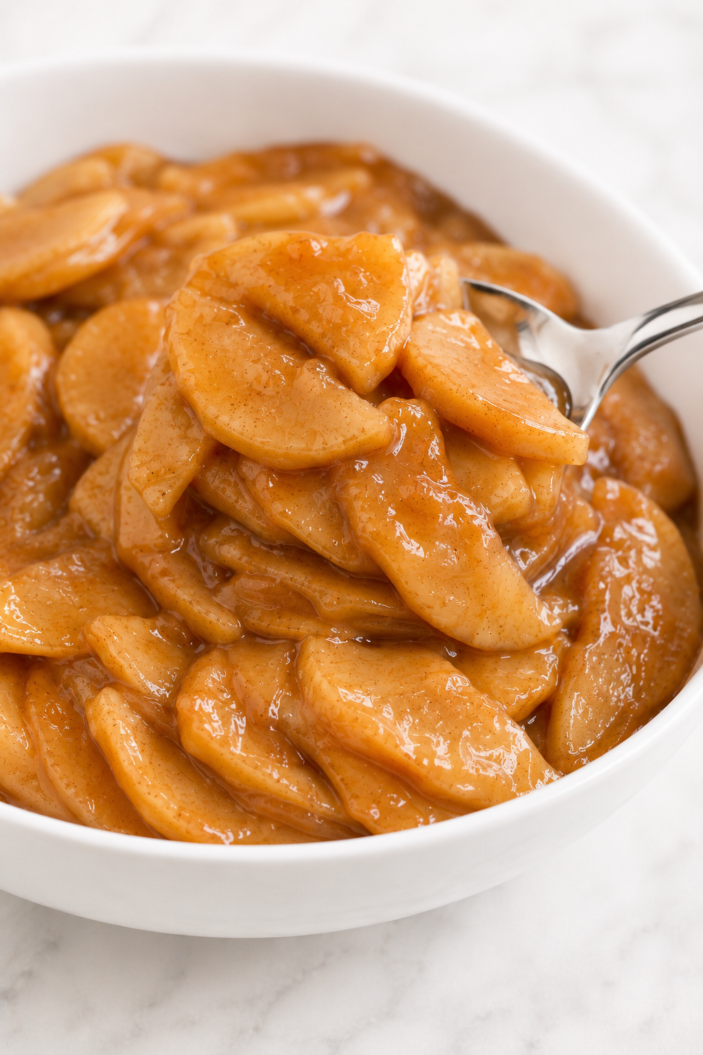 Completely cooled apple pie filling forming a cohesive mound on a spoon before settling slowly.