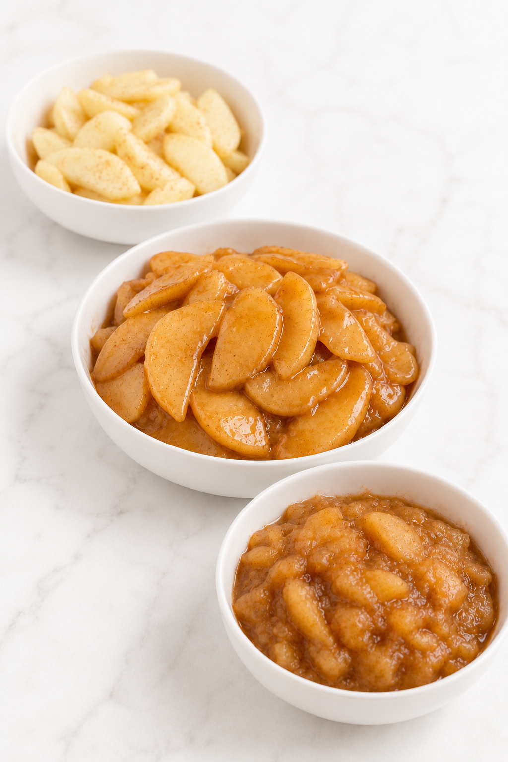 Three white dishes comparing undercooked, correctly cooked, and overcooked apple pie filling.