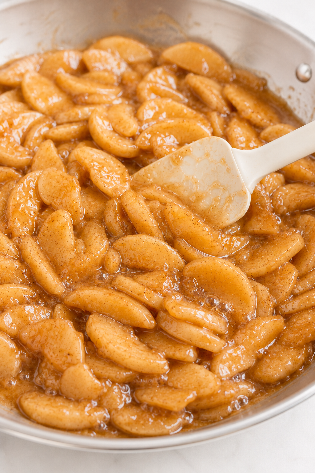 Hot apple pie filling gently bubbling with distinct sliced apples coated in cinnamon-brown sauce.