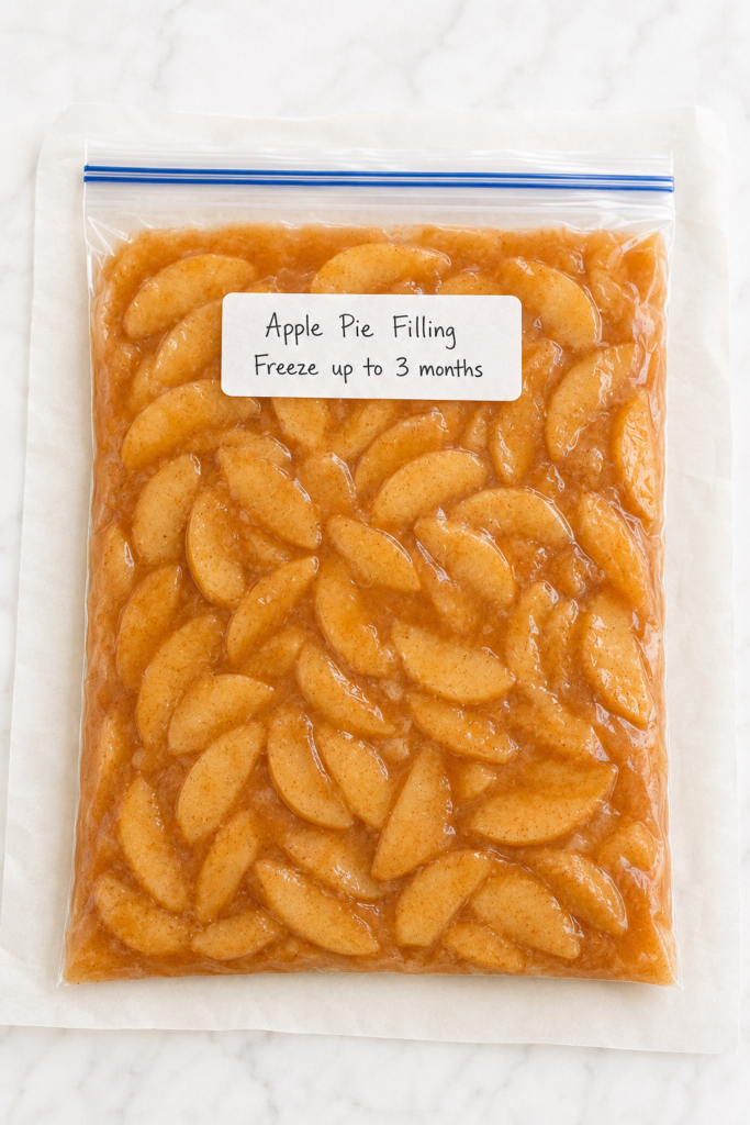 Homemade apple pie filling flattened in a labeled freezer-safe bag for make-ahead storage.