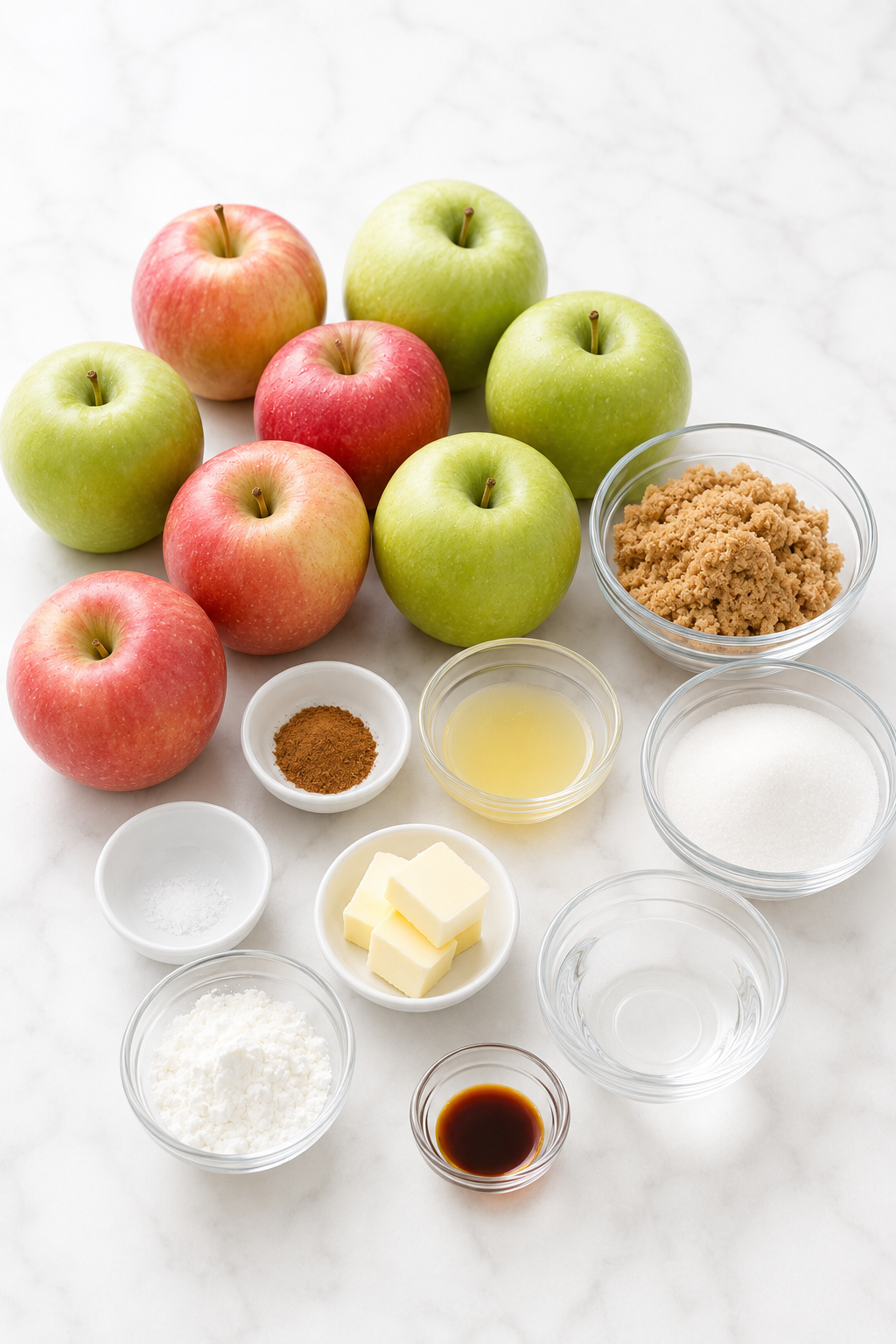 Granny Smith and Pink Lady apples with sugars, lemon, cinnamon, nutmeg, salt, butter, cornstarch, water, and vanilla measured for apple pie filling.