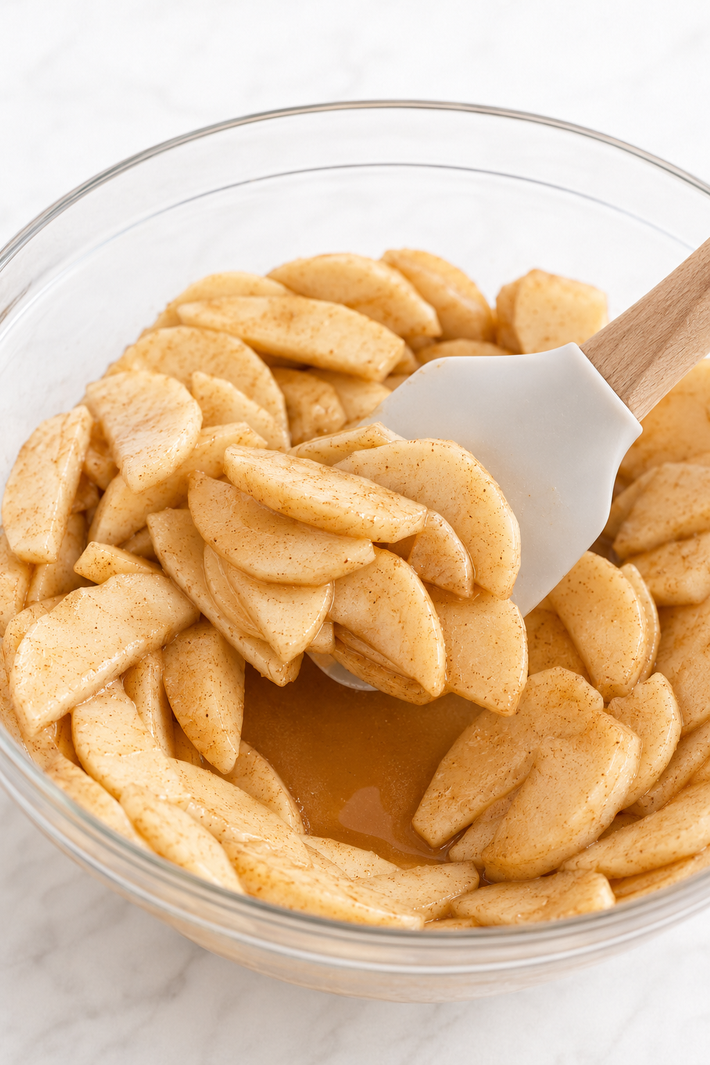 Firm apple slices coated with damp cinnamon sugar as amber juice collects in the mixing bowl.