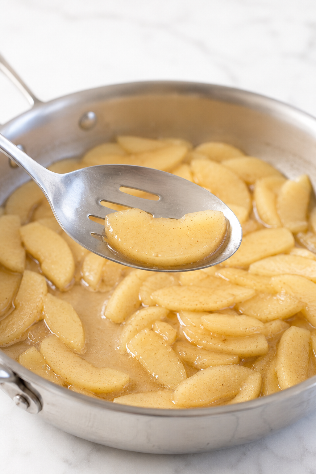 A partially cooked pale-gold apple slice bending slightly while its edges remain intact.