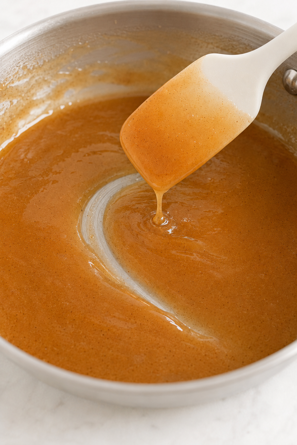 Glossy semi-translucent apple sauce with a spatula trail that closes slowly in the pan.