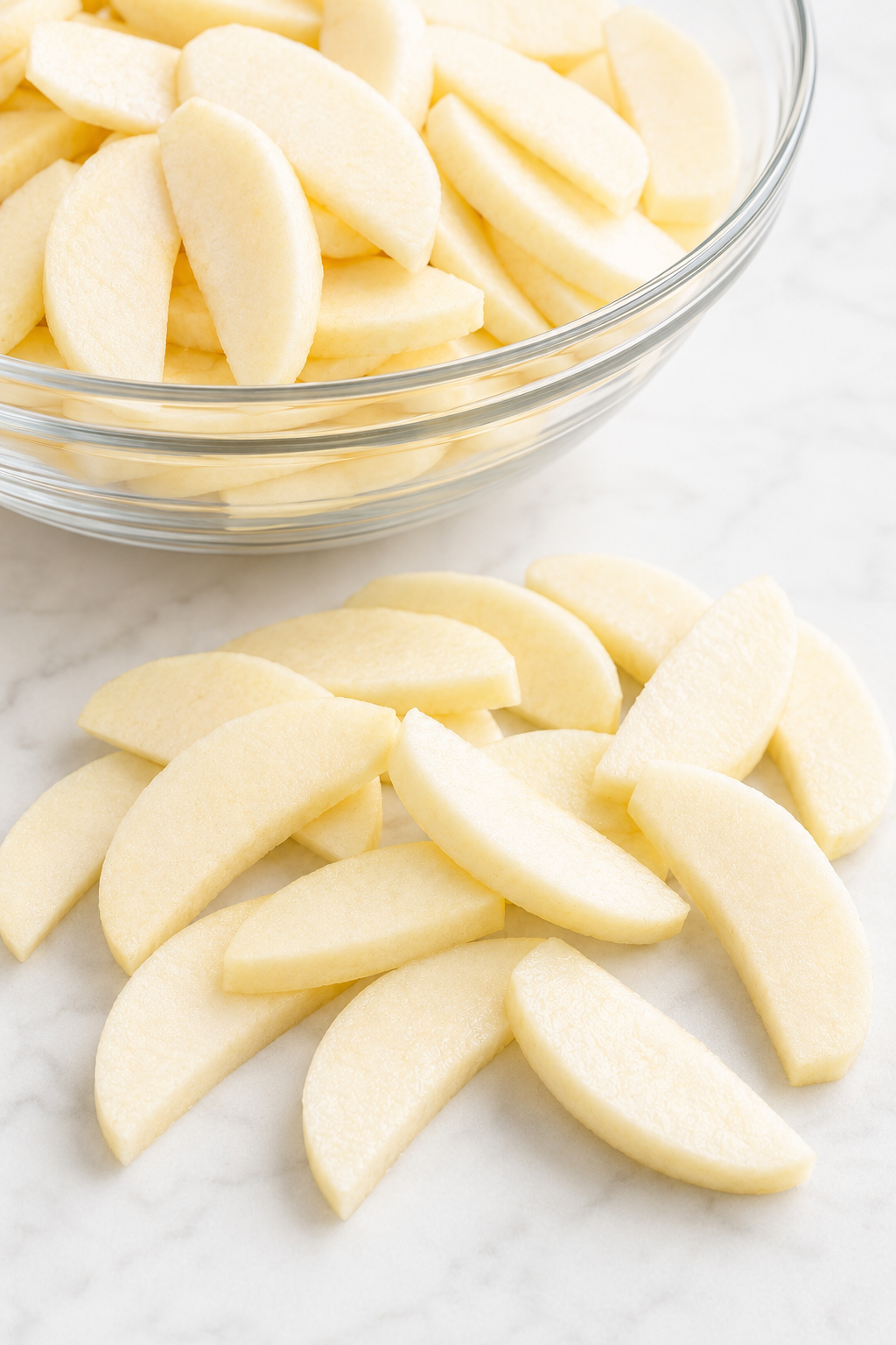 Peeled Granny Smith and Pink Lady apples cut into uniform 1/4-inch slices.