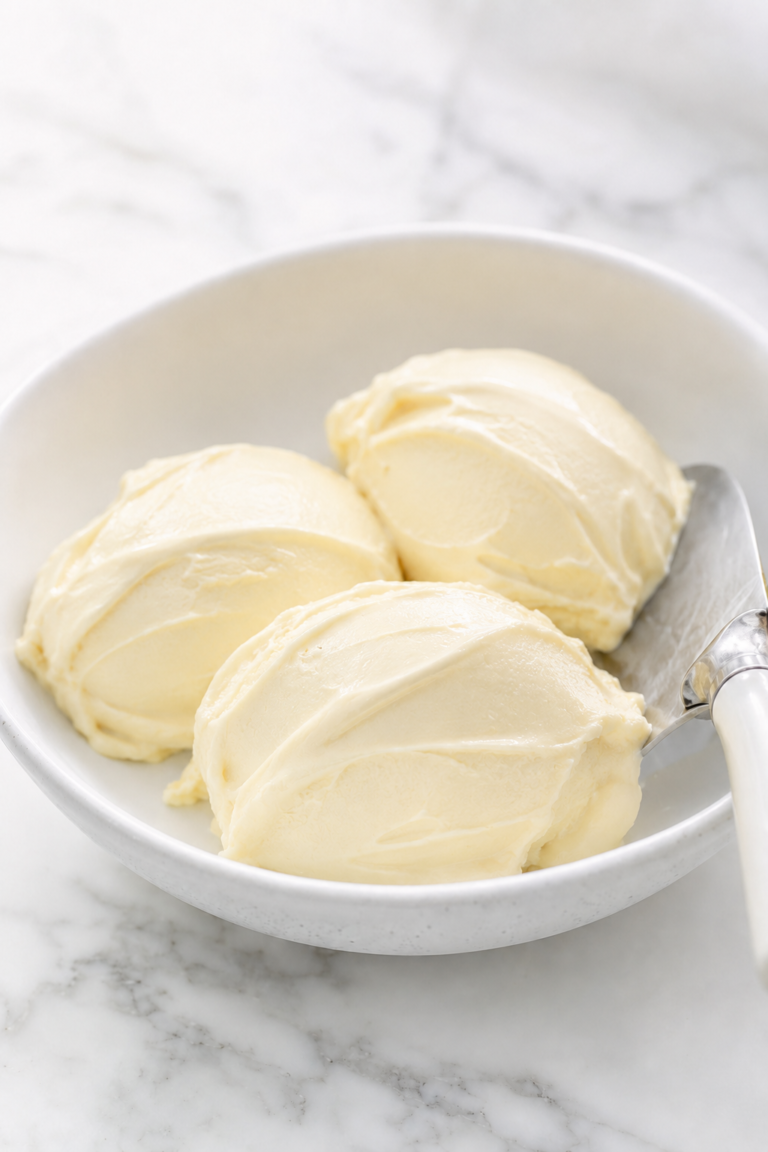 Three compact scoops of Italian gelato alla crema with a dense silky texture in a white bowl