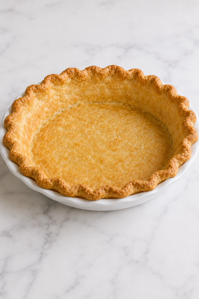 Deep-golden fully blind-baked pastry shell with a dry base and crimped rim.