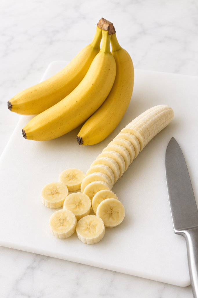 Firm-ripe yellow bananas and fresh quarter-inch banana slices on a white cutting board.