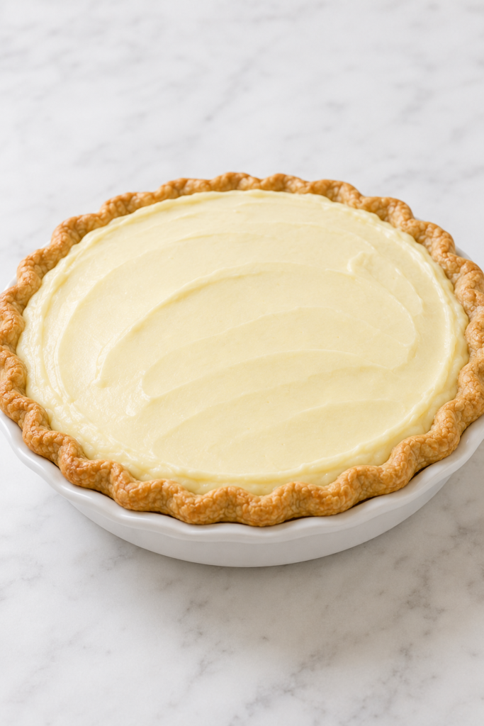 Banana cream pie filling smoothed below the crust rim with both banana layers fully enclosed.