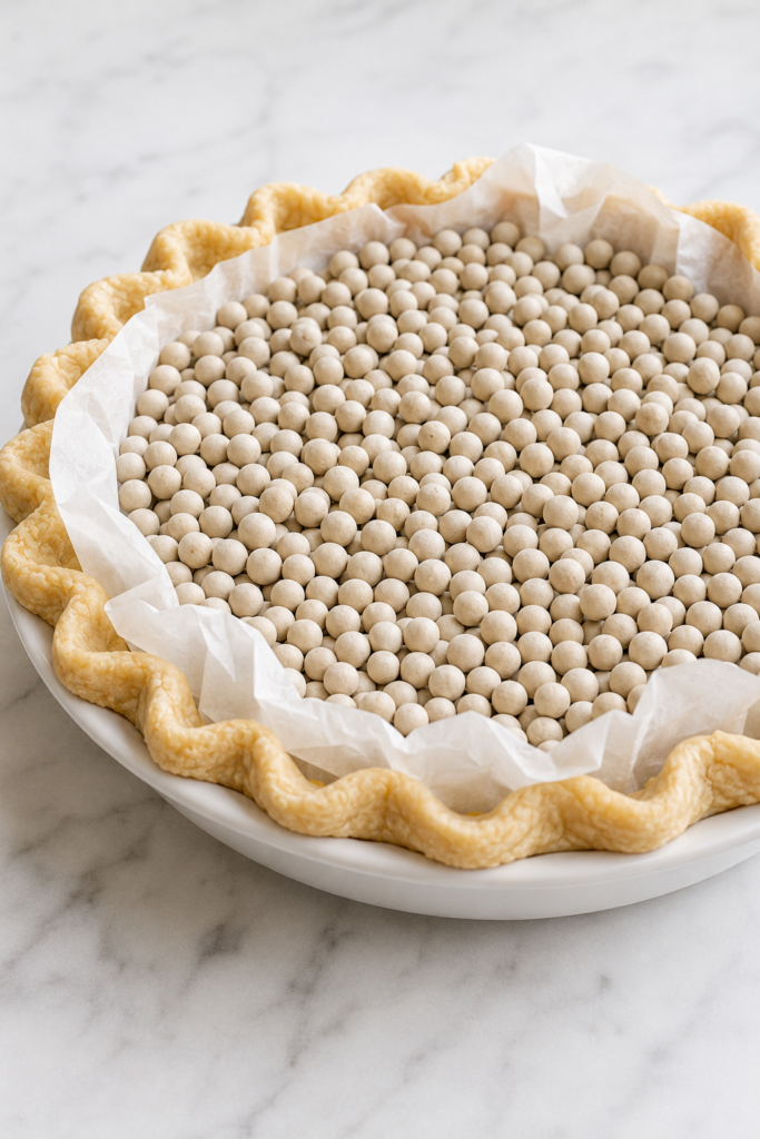 Raw pie shell lined with parchment and filled to the upper edge with pie weights.
