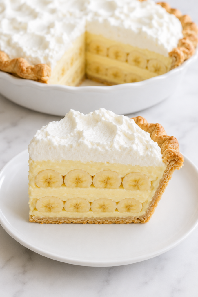 Clean slice of banana cream pie showing two banana layers, vanilla pastry cream, and flaky crust.