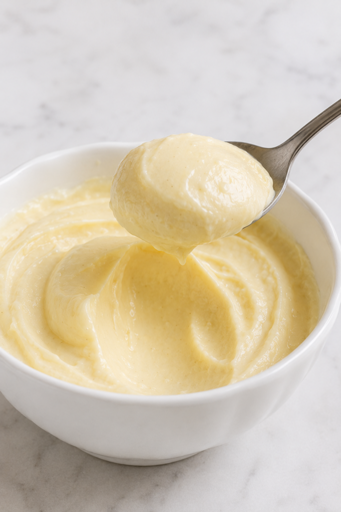 Chilled vanilla pastry cream mounding on a spoon while remaining smooth and creamy.
