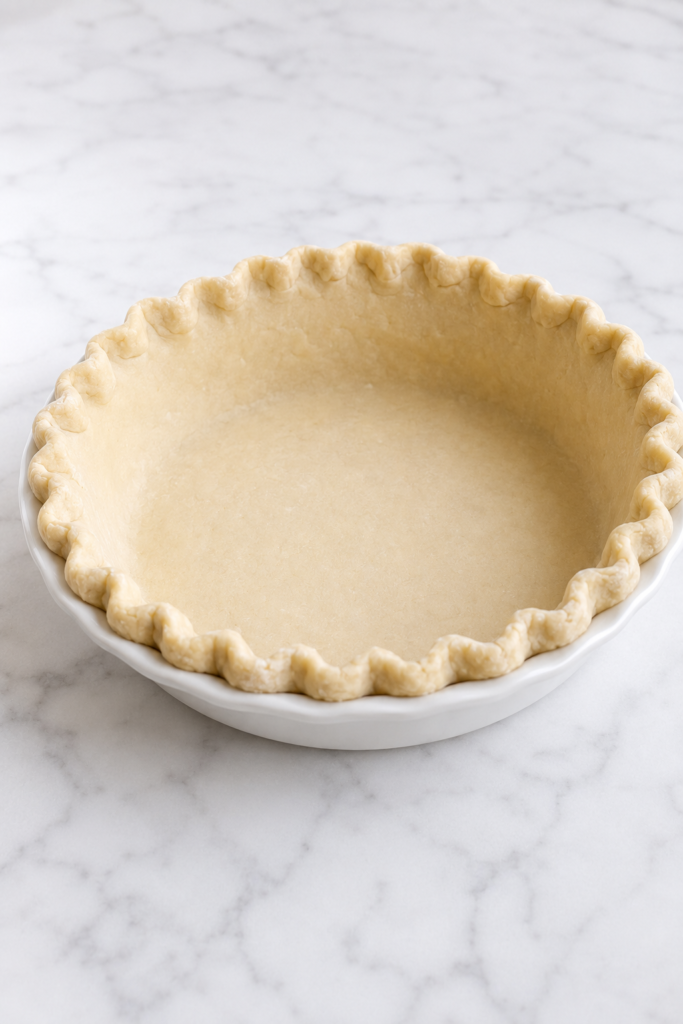 Unbaked pie shell with a reinforced handmade crimp ready to chill.