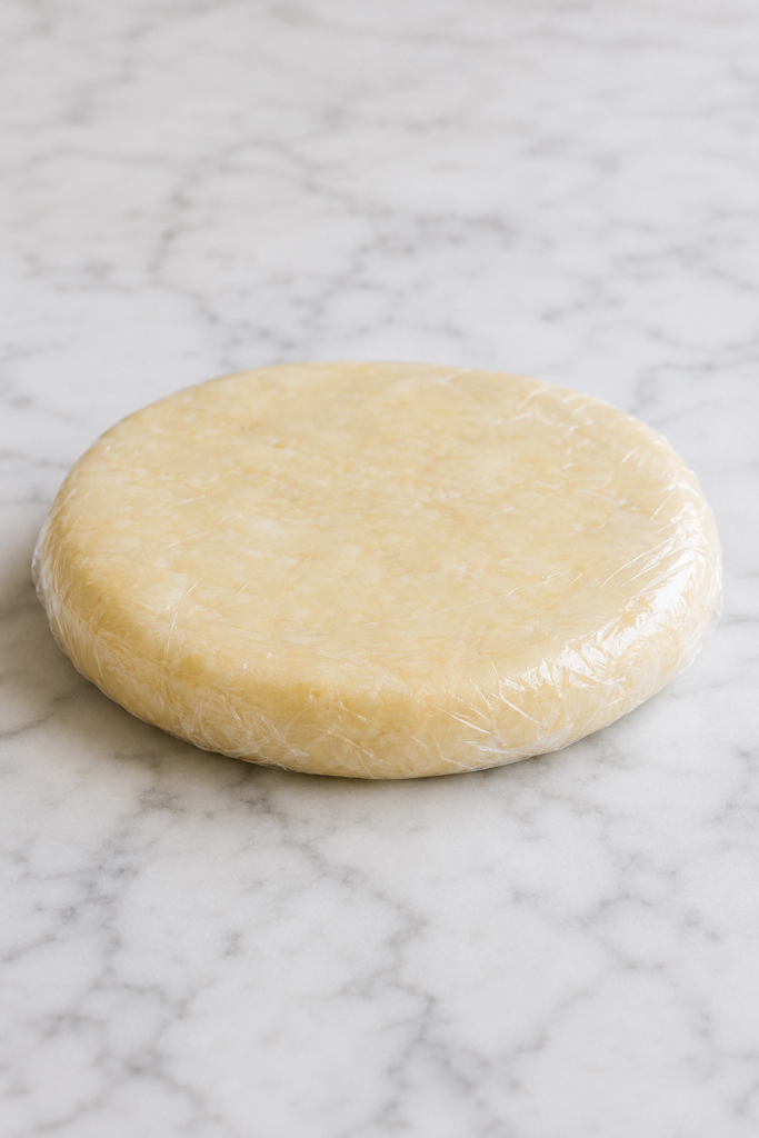 A low, wide disk of all-butter pie dough wrapped tightly for chilling.