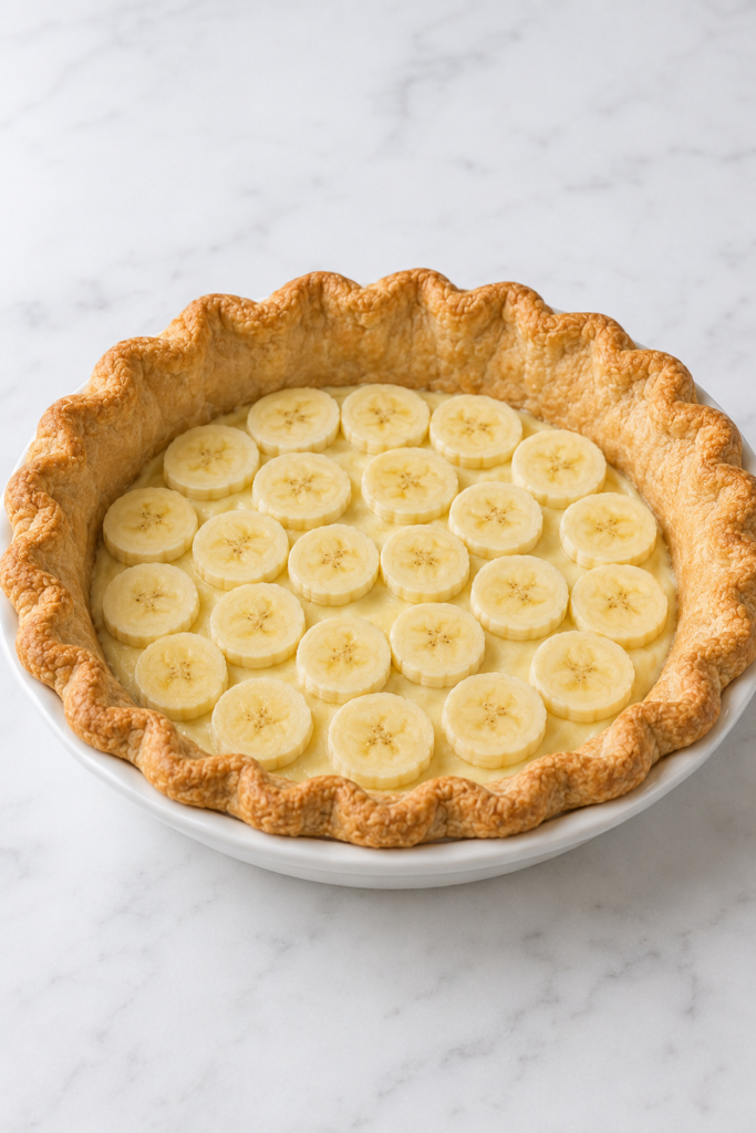 First layer of banana rounds arranged over a thin layer of pastry cream in the baked shell.