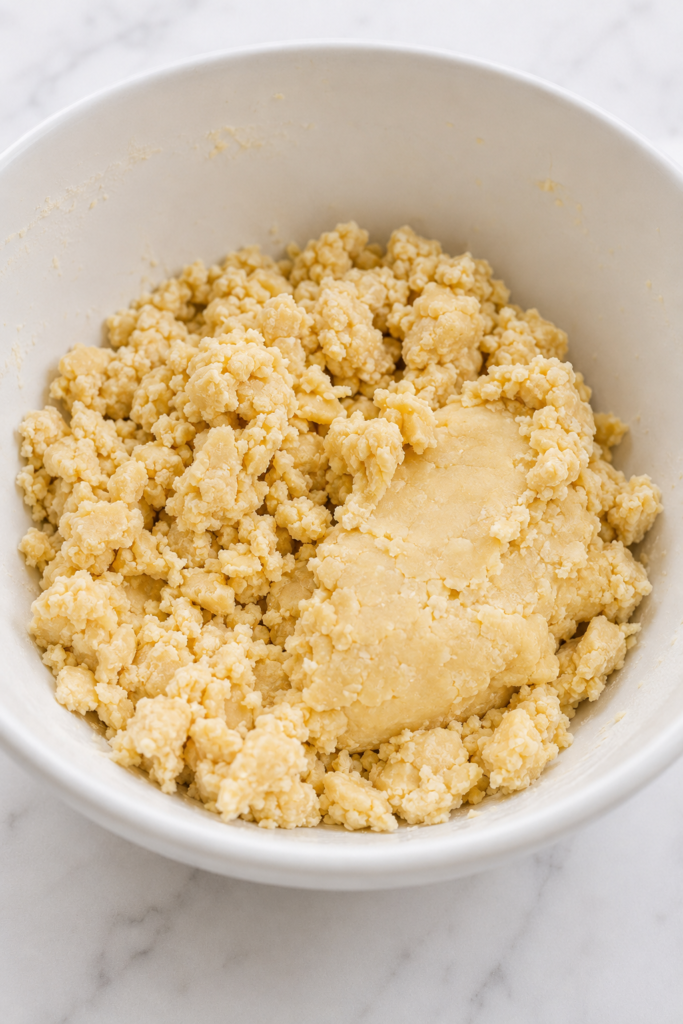 Shaggy pie dough holding together when pressed while visible butter pieces remain.