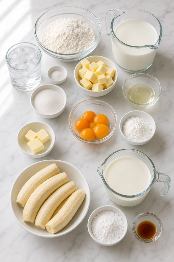 Ingredients for homemade banana cream pie grouped for the crust, pastry cream, bananas, and whipped cream.