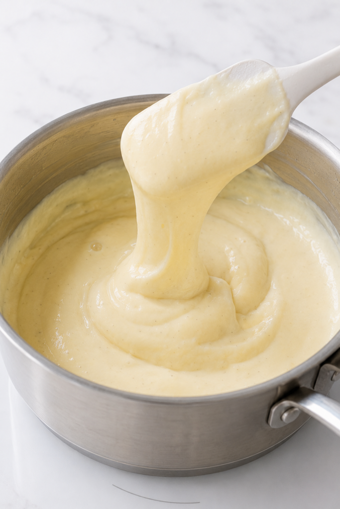 Thick vanilla pastry cream forming a heavy ribbon at the correct cooking endpoint.